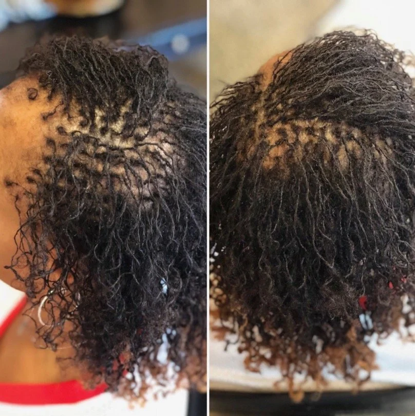 Side-by-side images of a person's curly, natural black hair before and after a hair treatment or styling process.