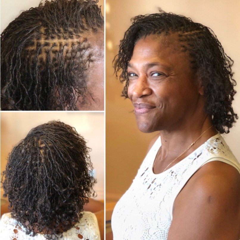Before and after photos showing a woman with natural, textured hair. The before images depict her with curly, shoulder-length hair in a twisted style, while the after image shows her with shorter, more defined natural curls.