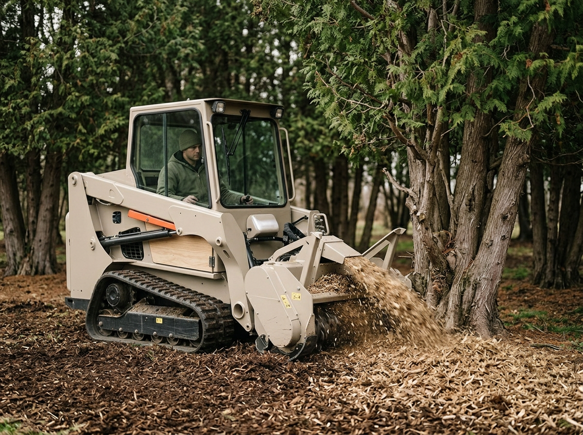 A man operating a compact track loader with a bucket attachment, clearing bark and wood debris around a tree in a wooded area.