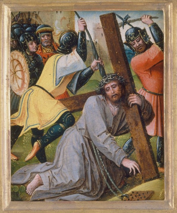 Jesus bærer et kors, omgivet af soldater, i en religiøs scene, maleri.