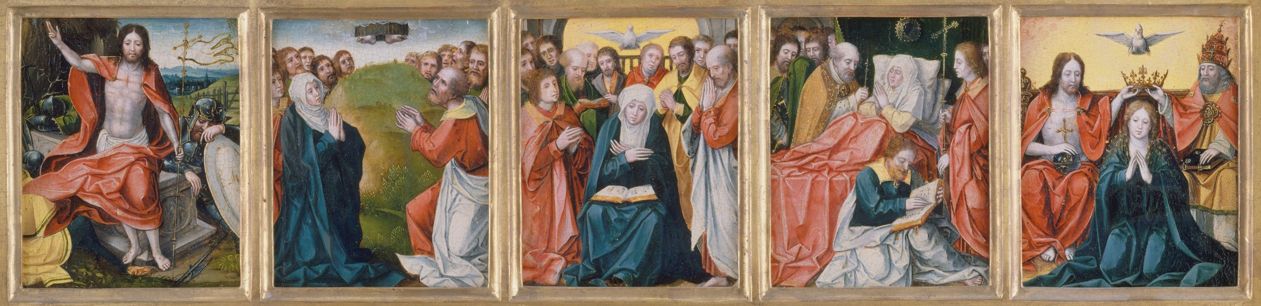 En fresko, der skildrer Jesu opstandelse, omgivet af disciple og historiske skikkelser, med guldbaggrund. Kirsti opstandelse og opfart til himlen. Herlighedens fem mysterier i rosenkransen.
