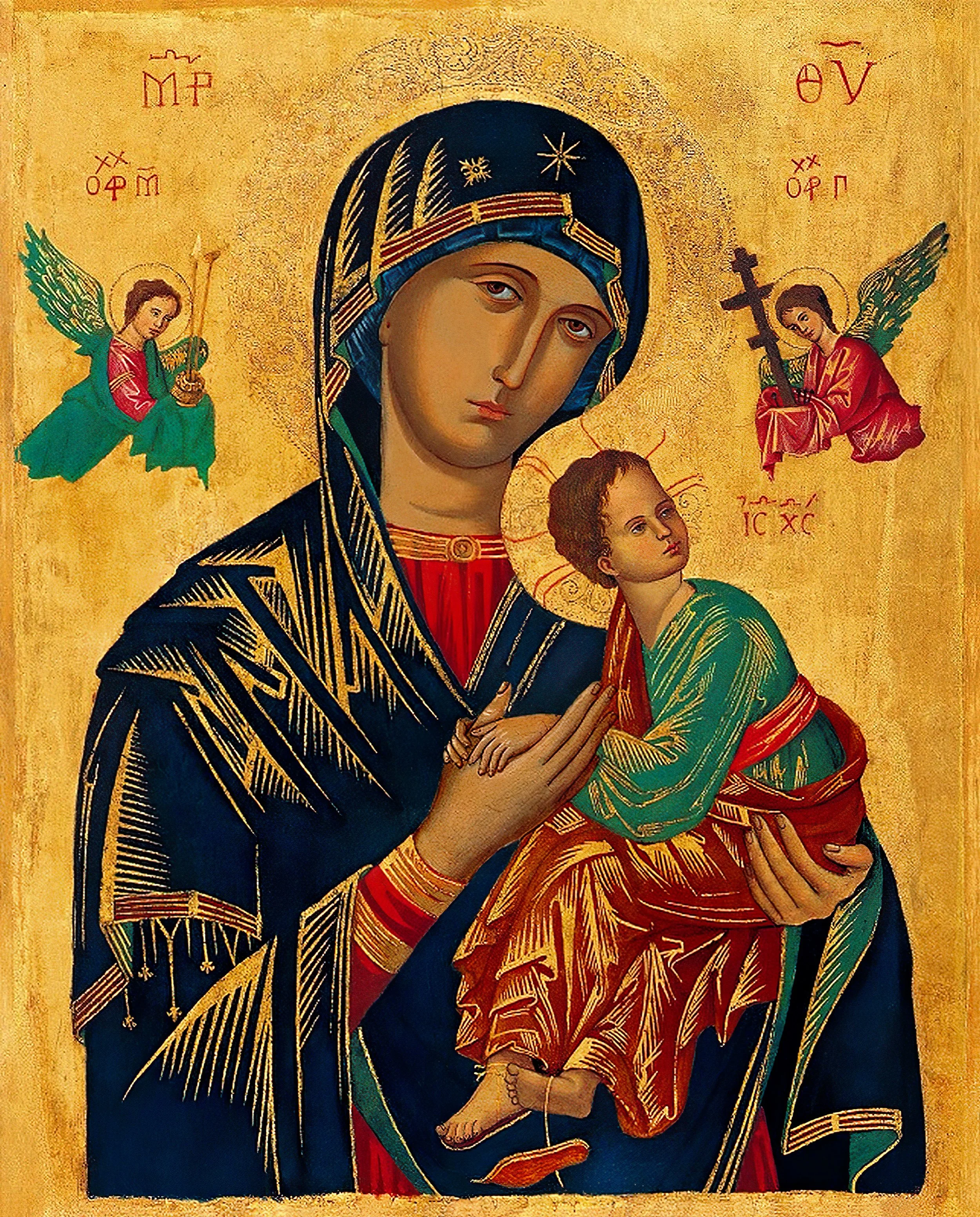 En ikonisk religiøs kunstafbildning af Jomfru Maria, der holder barnet Jesus, omgivet af engle, med en guldbaggrund.