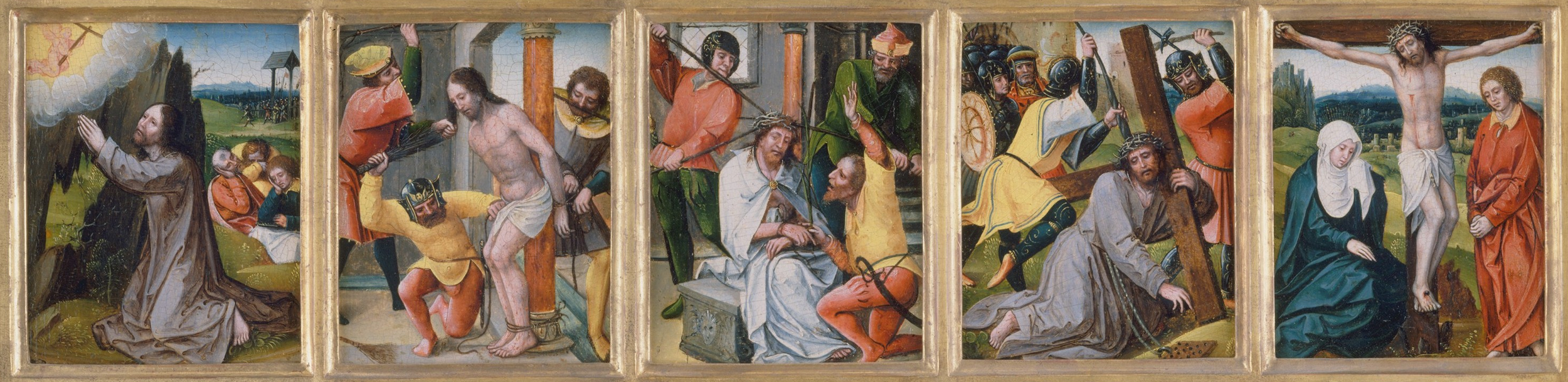 En religiøs fresko af Jesus, der lider og dør på korset, omgivet af soldater, kvinder og andre bibelske figurer. Smertens fems mysterier i rosenkransen.
