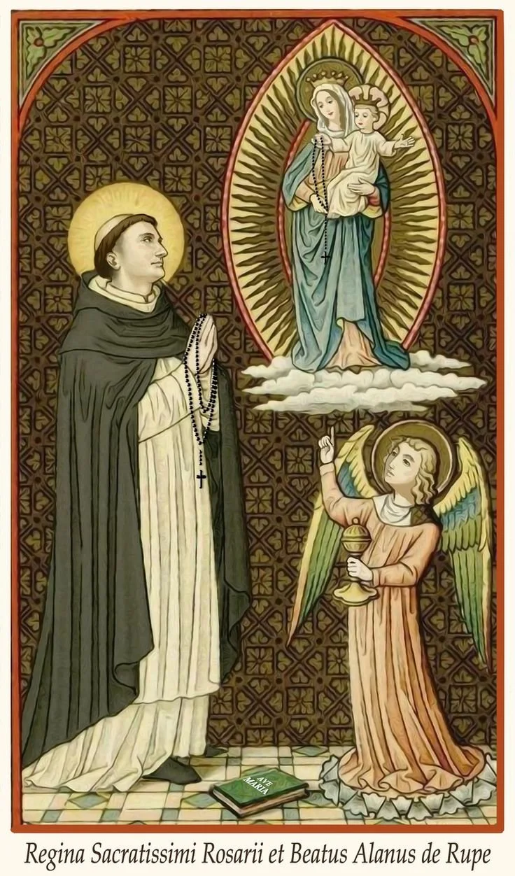 Billedet viser den hellige Marie med barnebarnet Jesus på skyer, en engel med dolk og skål, og en figur af Sankt Dominik, der beder med rosenkrans. Der er en bibel med titlen 'Vores Frue Maria' på gulvet.