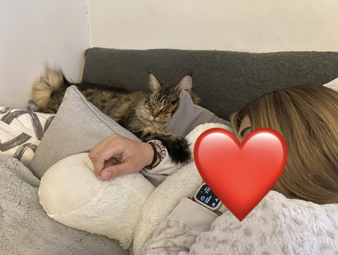 A woman with light brown hair lying on a couch, resting with her arm over her chest, and a large red heart emoji covering her face. A tabby cat is lying on her chest, stretching towards her with paws extended, surrounded by gray and white pillows.