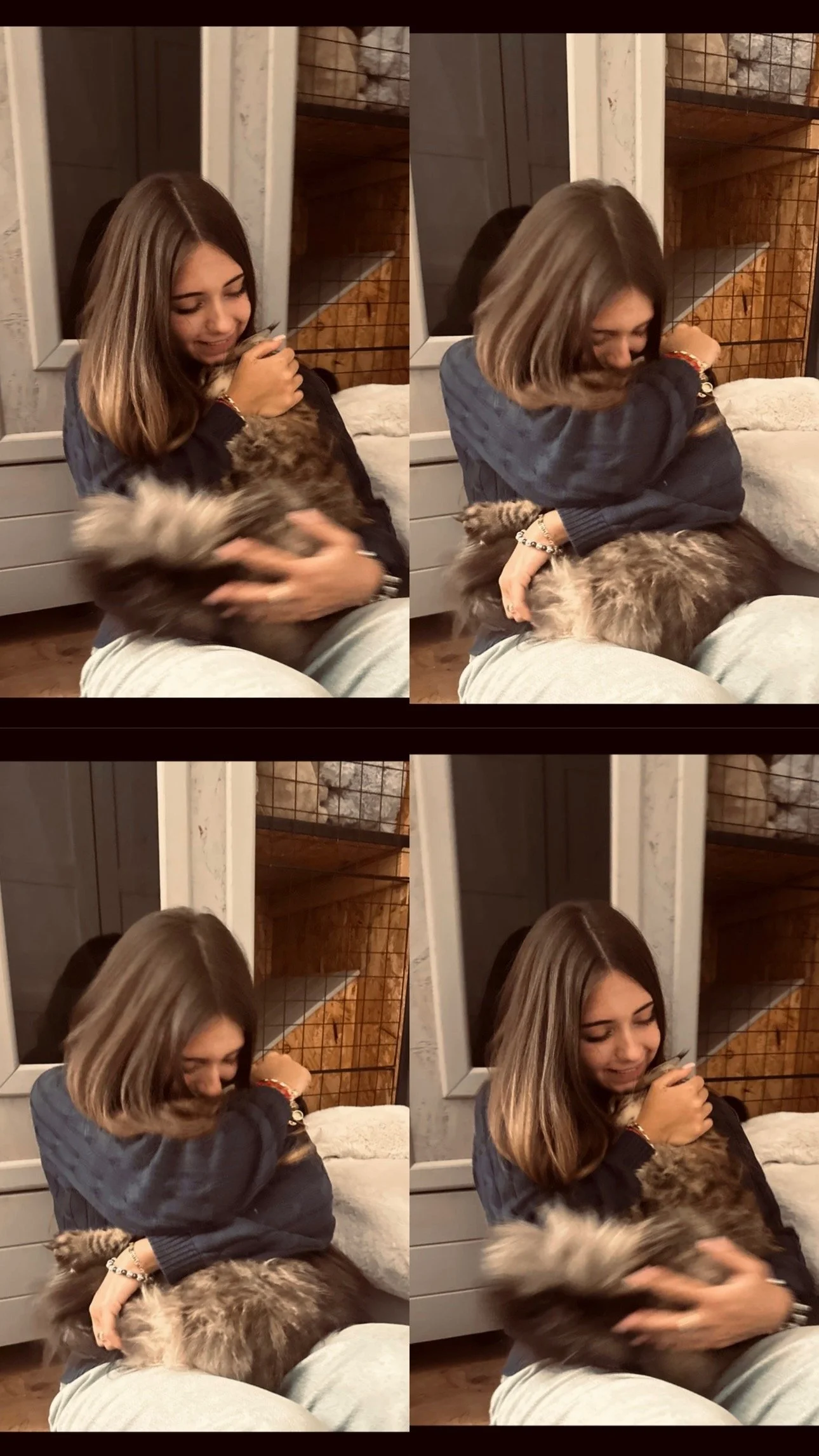 A woman with shoulder-length hair holding and hugging a fluffy tabby cat while sitting on a couch indoors.