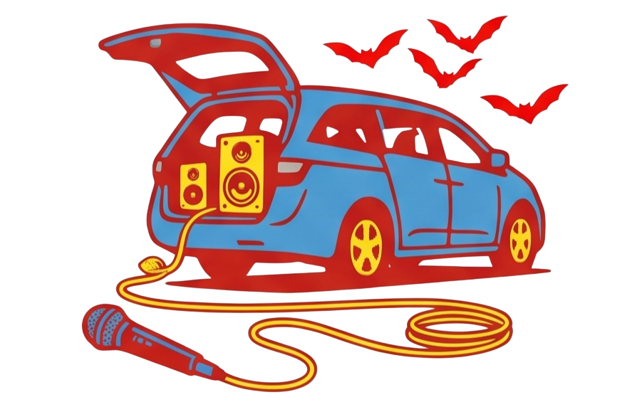 A stylized illustration of a car with an open trunk, equipped with large speakers and a microphone connected by a cord, with bats flying overhead.
