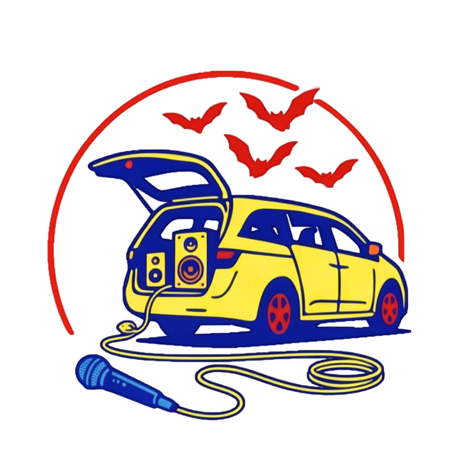 Illustration of a car with its trunk open, a microphone connected to speakers, a red and black background, and three flying birds.