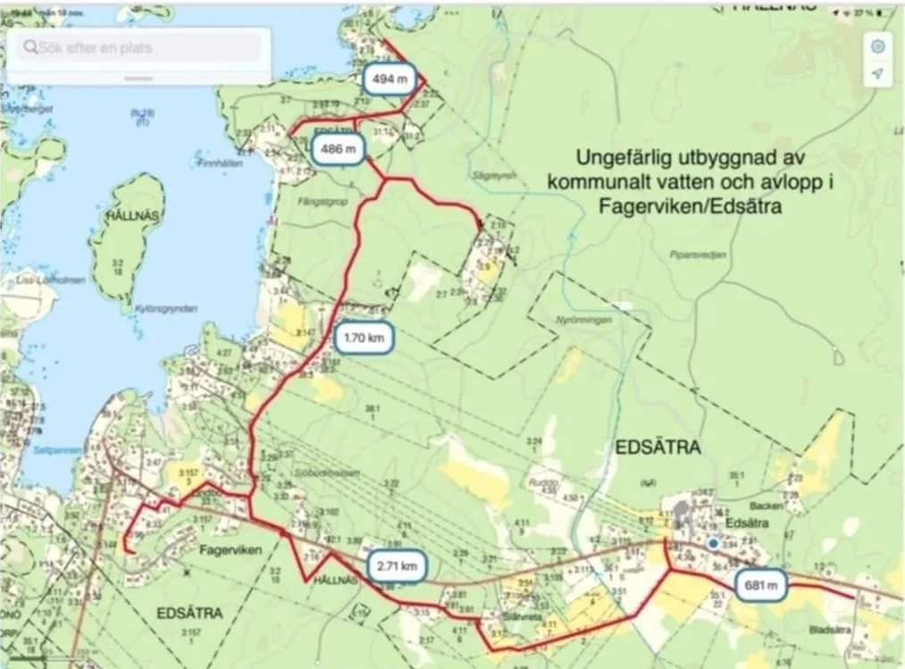 Karta som visar byggplaner för vatten och avlopp i Fagerviken/Edsätra. Markeringar för sträckor, höjdmeter, vattenledningars längd och andra geografiska detaljer.