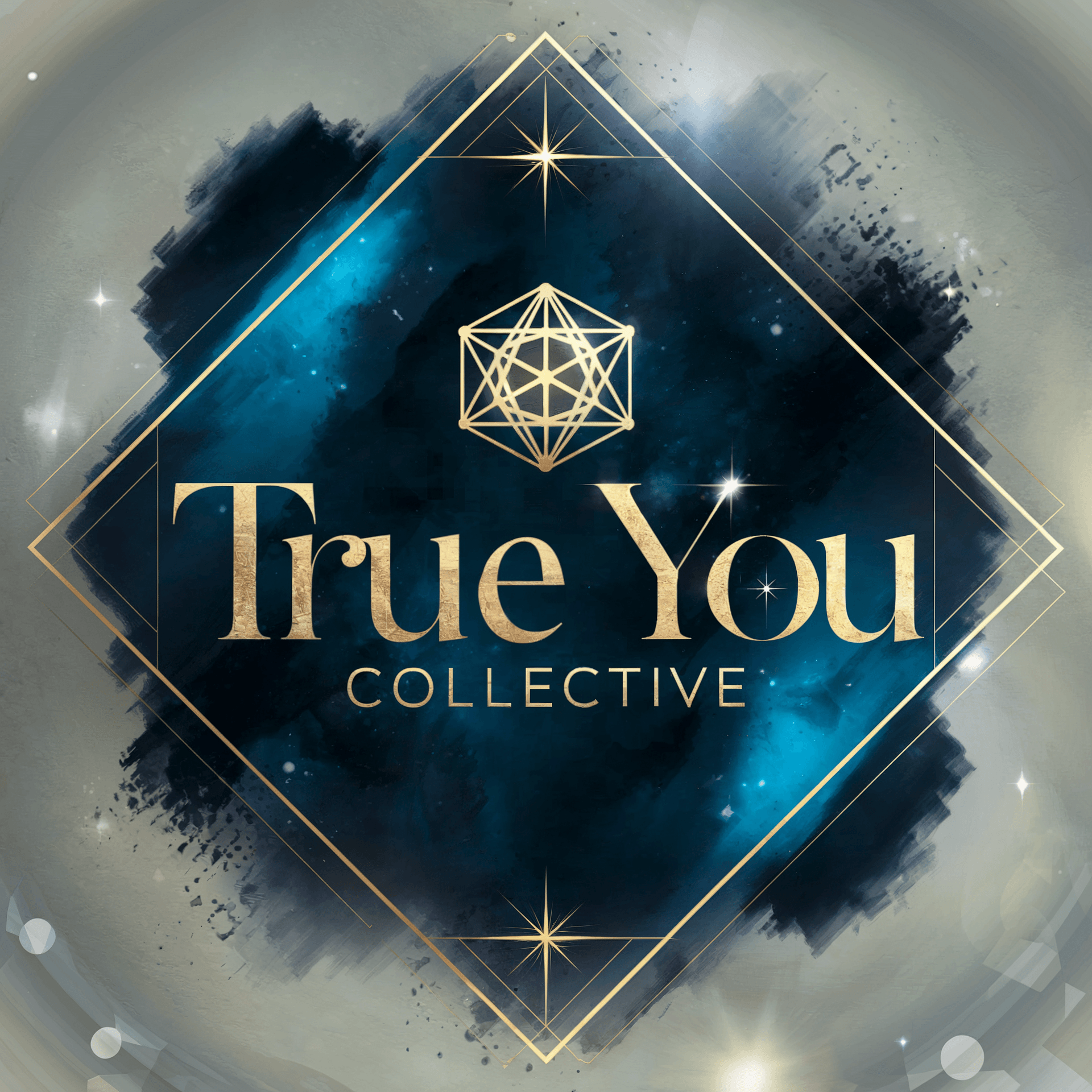 Decorative geometric design with golden lines and star shapes over a blue and gray watercolor background, featuring the words "True You Collective."