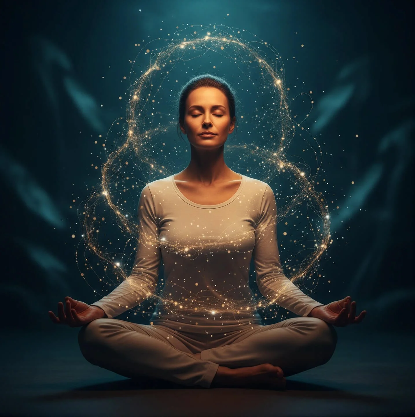 A woman meditating in a cross-legged position with energy and glowing particles surrounding her, symbolizing mindfulness and spiritual connection.