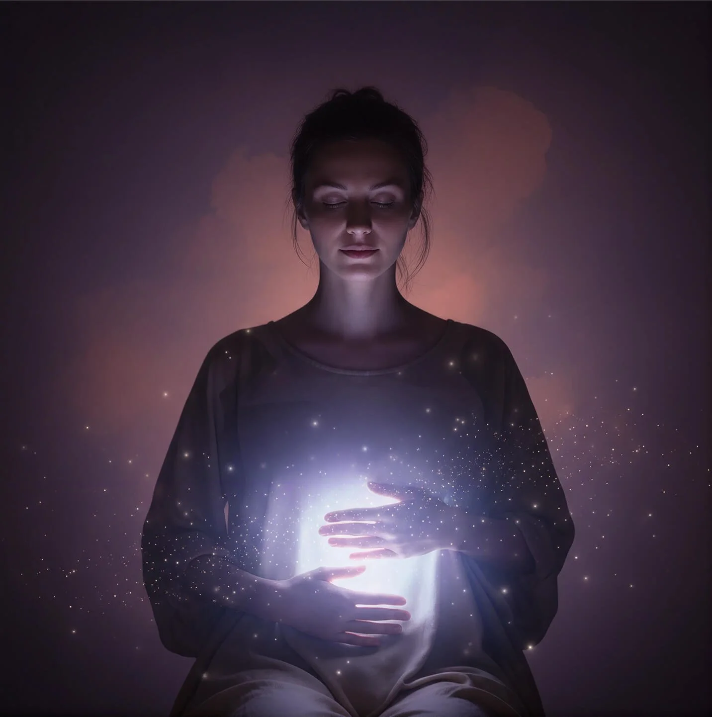 A woman with closed eyes, sitting with her hands on her abdomen, glowing with a light and surrounded by sparkling particles, against a dark background