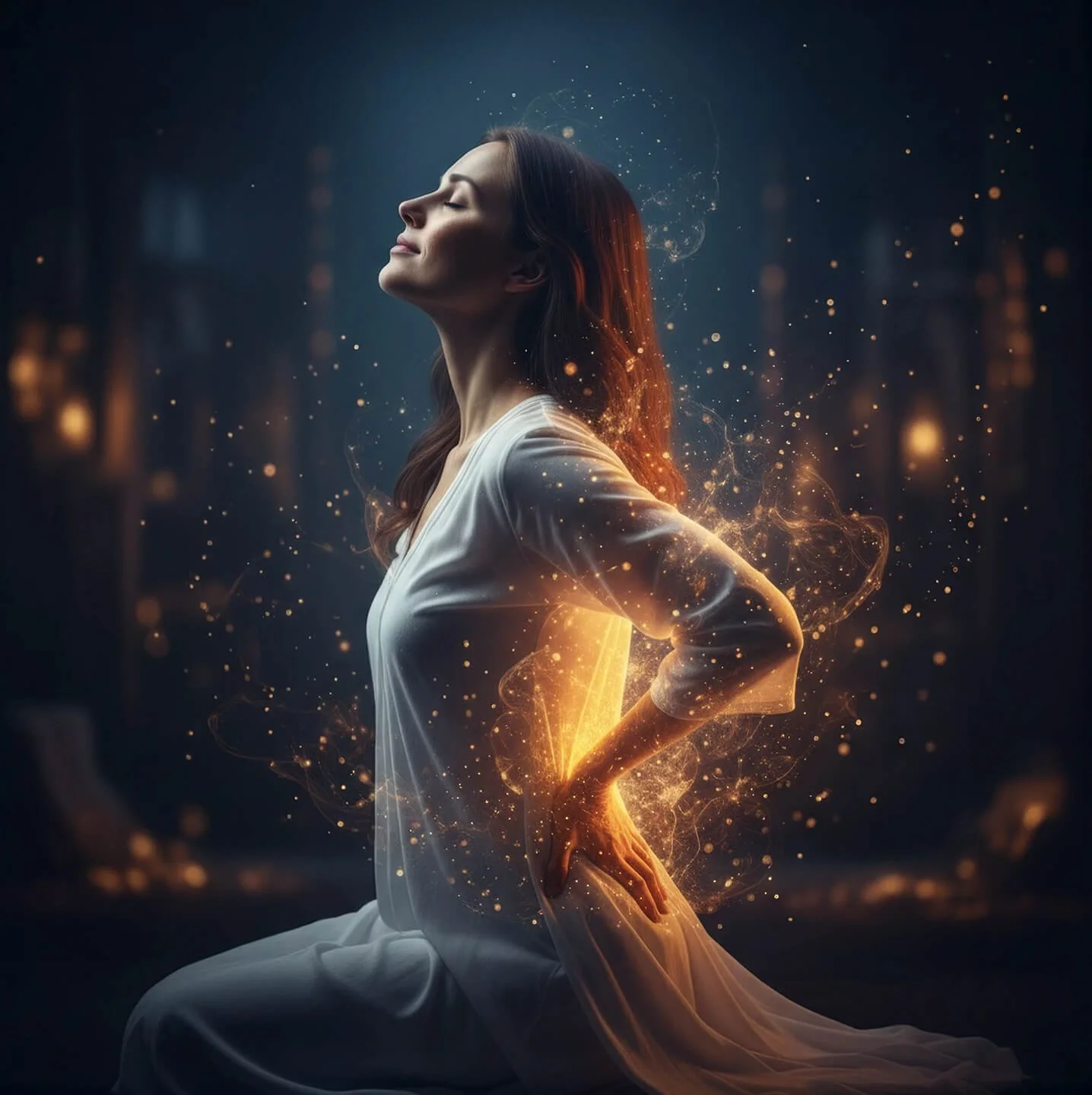 A woman in a white dress kneeling with her eyes closed, surrounded by glowing golden particles and light effects, in a dark setting.