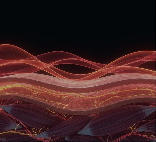 Abstract digital artwork with flowing red, orange, and yellow light streaks against a dark background.