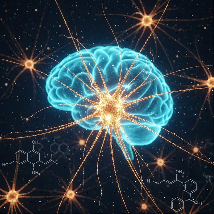 Digital illustration of a human brain surrounded by neurons, with chemical structure diagrams in the background.