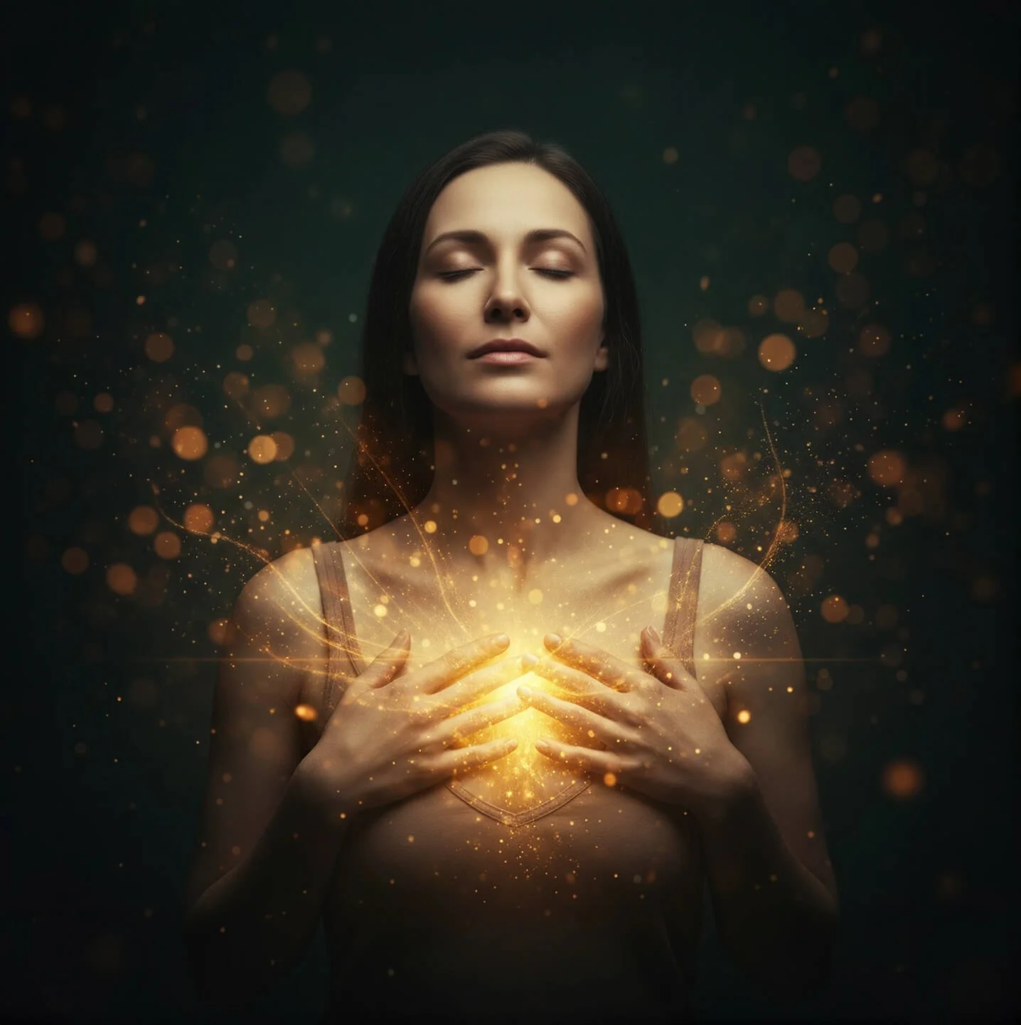 A woman with closed eyes gently holding her chest, surrounded by glowing golden sparkles and light emanating from her hands, with an abstract dark background.