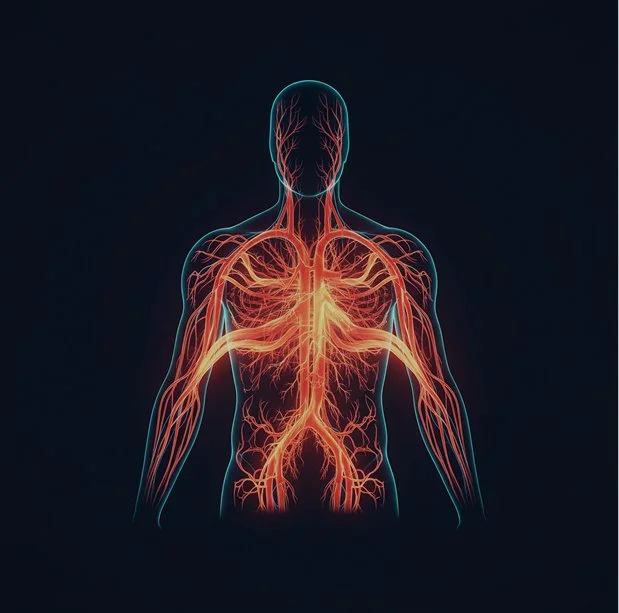 Illustration of the human circulatory system highlighting the heart, arteries, and veins.