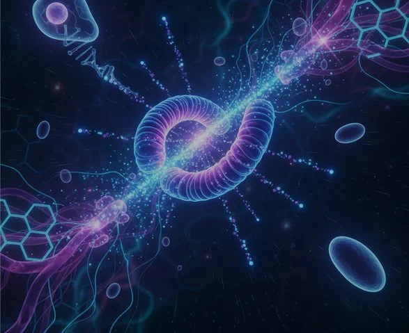 Digital illustration of a DNA double helix with glowing particles and molecular structures in a dark space background.