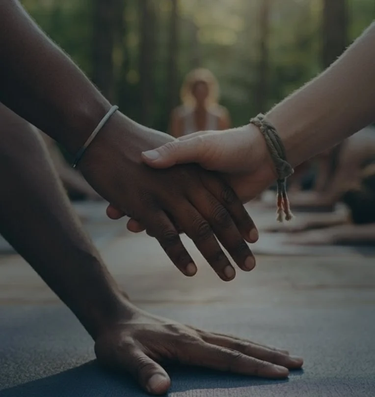 People practicing yoga outdoors, with their hands stacked together in a gesture of unity, in a forest setting.