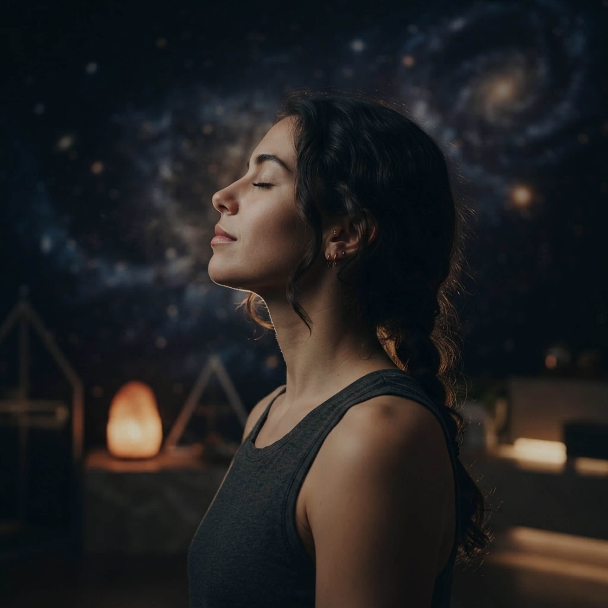 A woman with dark, wavy hair and earrings is wearing a dark gray tank top. She has her eyes closed and appears to be smiling gently. The background is blurred with a bokeh effect, possibly with outdoor or festive lights.