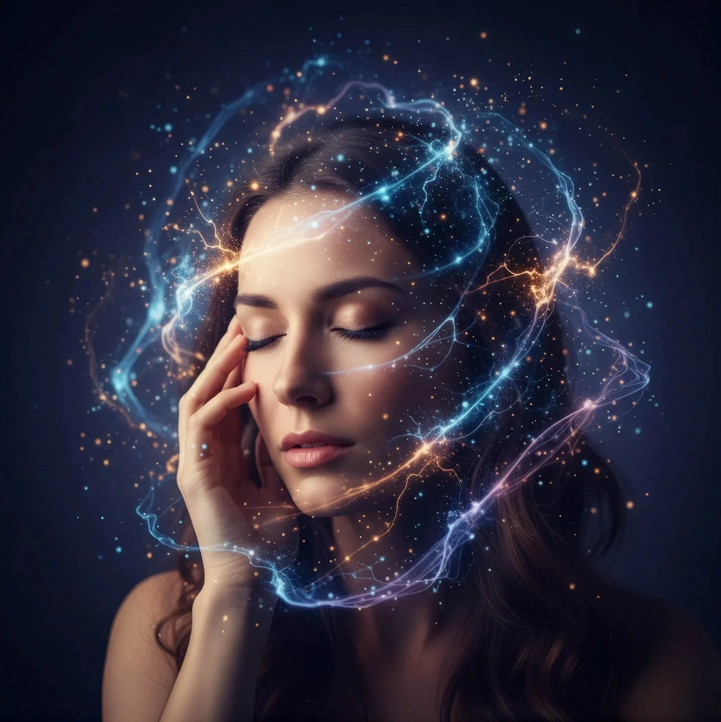 A young woman with closed eyes, touching her temple, surrounded by an artistic digital depiction of swirling neon light and star-like particles.