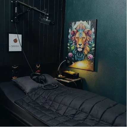 A bedroom with a black bed, headphones on the bed, a painting of a lion with colorful flowers on the wall, and a wall-mounted microphone.