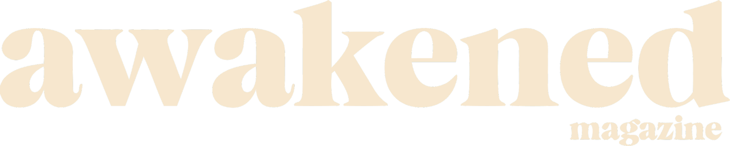 The logo of 'awakened magazine' in beige text on a black background.