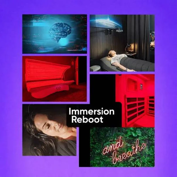 Collage of six images related to a sensory or virtual reality experience. Includes a digital brain graphic, a person lying on a bed with a planetary projection, a red sensory pod, another red sensory shell, a woman with headphones, and a forest scene with the words 'and breathe' in neon.