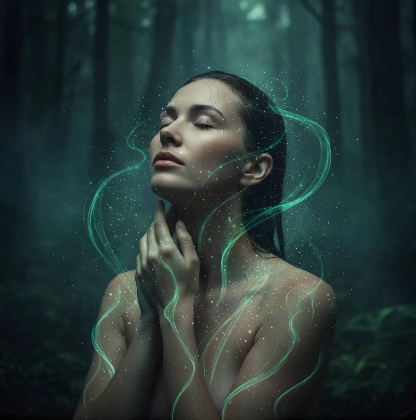 A woman with closed eyes and a contemplative expression, surrounded by glowing green trails and sparkles, standing in a misty forest.