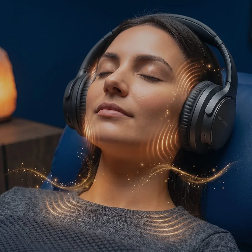 A woman peacefully listening to music with closed eyes and wearing over-ear headphones, surrounded by animated sound waves and sparkles.