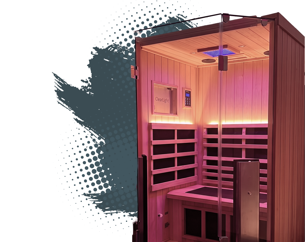 Sauna room with wooden interior, pink lighting, control panel, and lounger.