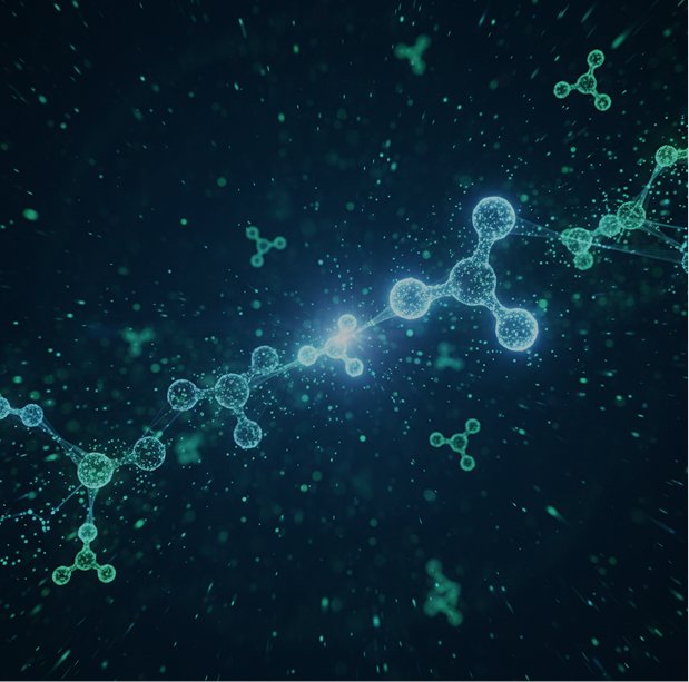 Digital illustration of a glowing scientific molecular structure with interconnected atoms, set against a dark background with scattered particles.
