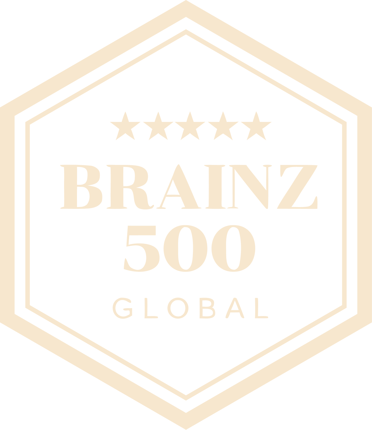 A black and beige badge with the text 'BRAINZ 500 GLOBAL' and five stars at the top.
