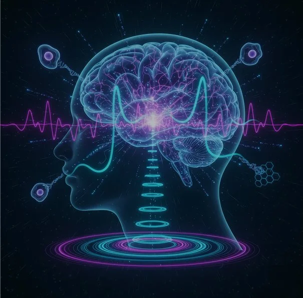 A digital illustration of a human head in profile with a glowing brain at the center, surrounded by neural connections and waves, to symbolize brain activity and neuroscience.