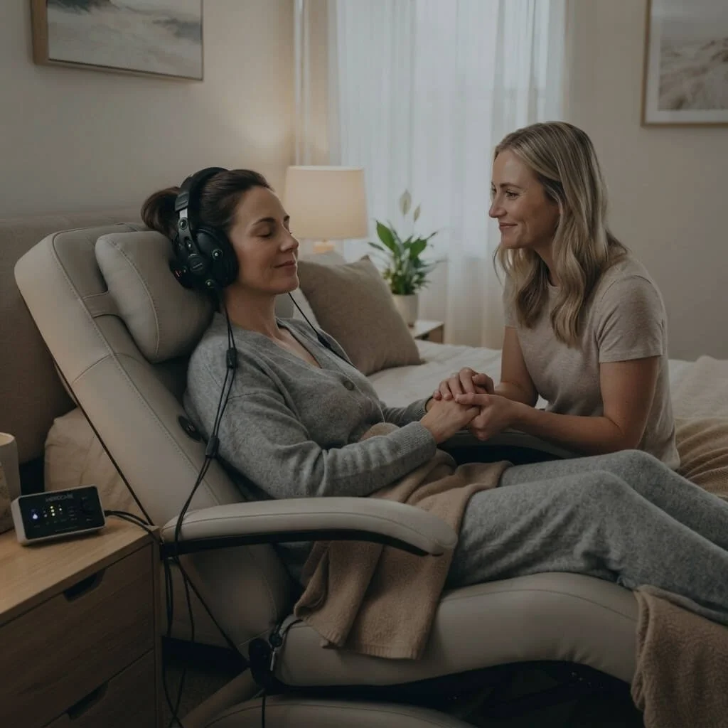 A woman with long brown hair wearing headphones is sitting on a reclining bed and holding hands with another woman who has blonde hair. The room has a bedside lamp, a plant, and framed pictures on the wall.