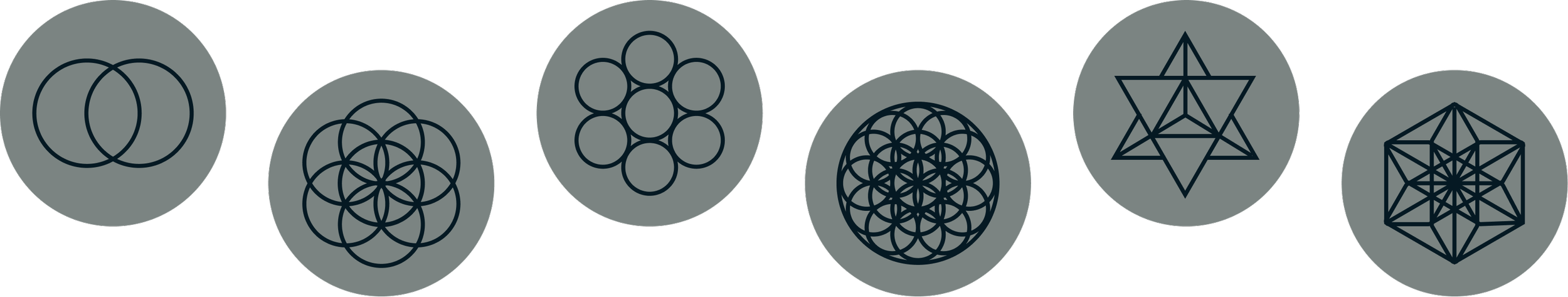 Set of seven geometric logos featuring overlapping circles and lines, each within a gray circle background.