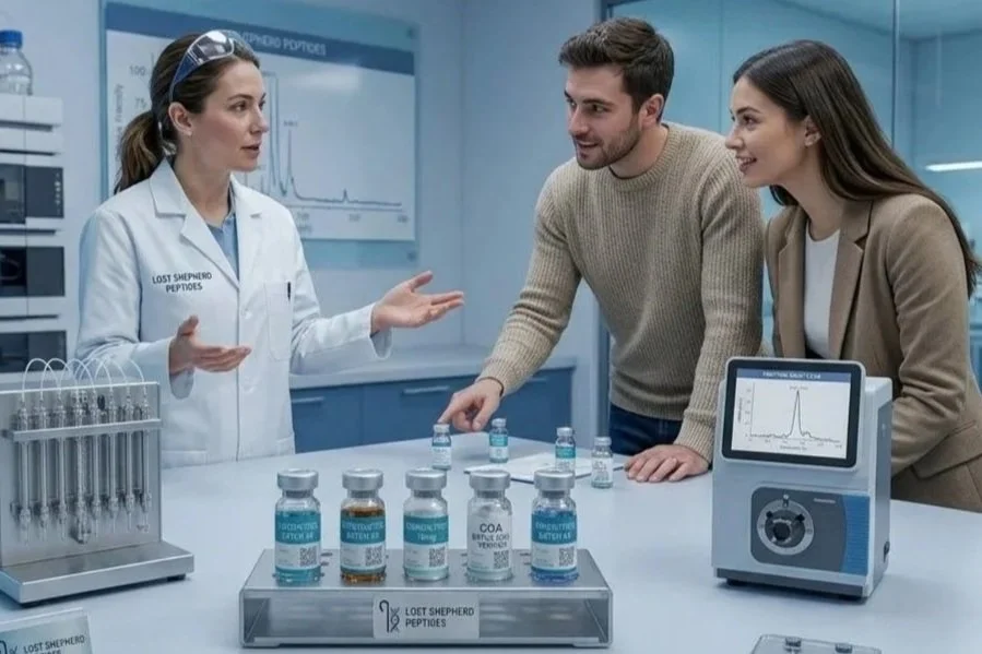 A female scientist in a lab coat explaining contents to a man and woman in a laboratory, with vials and scientific equipment on the table.