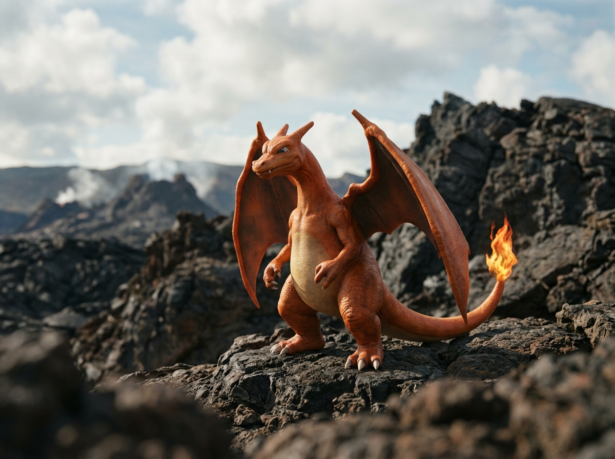 Animated fire-breathing dragon standing on rocky terrain with mountains and cloudy sky in the background.