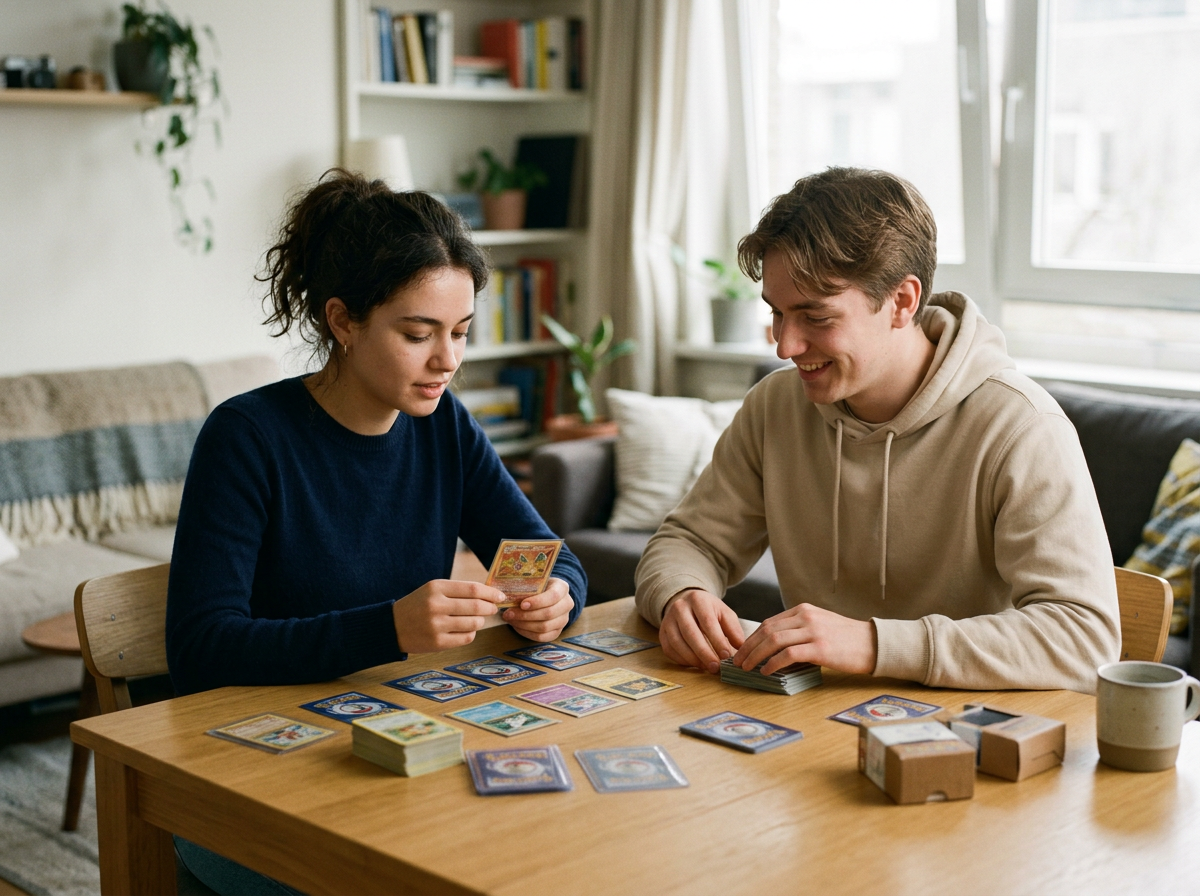 A young woman and a young man are playing a card game at a wooden table in a cozy, well-lit living room. The woman is holding a card, and both are smiling and engaged in the game.