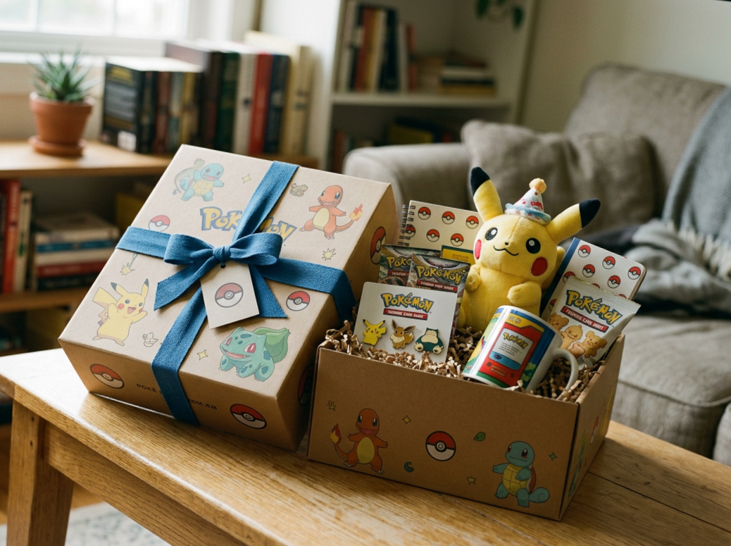 Open box of Pokémon themed gifts including plush Pikachu wearing a party hat, Pokémon cards, a mug, and stickers, on a wooden table in a cozy living room.