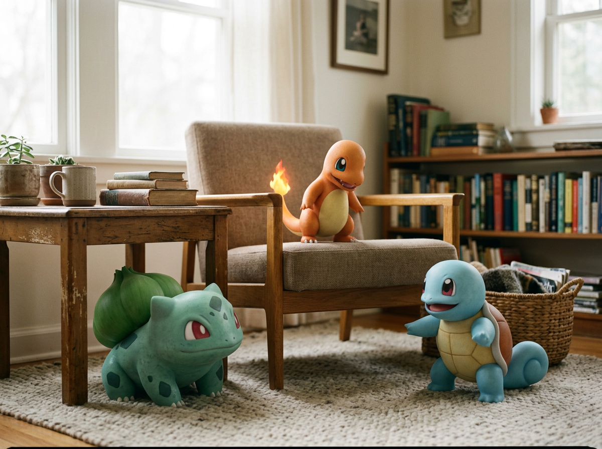 Living room with two Pokémon toys, Bulbasaur and Squirtle, on the floor, and Charmander sitting on a chair, with a bookshelf and window in the background.
