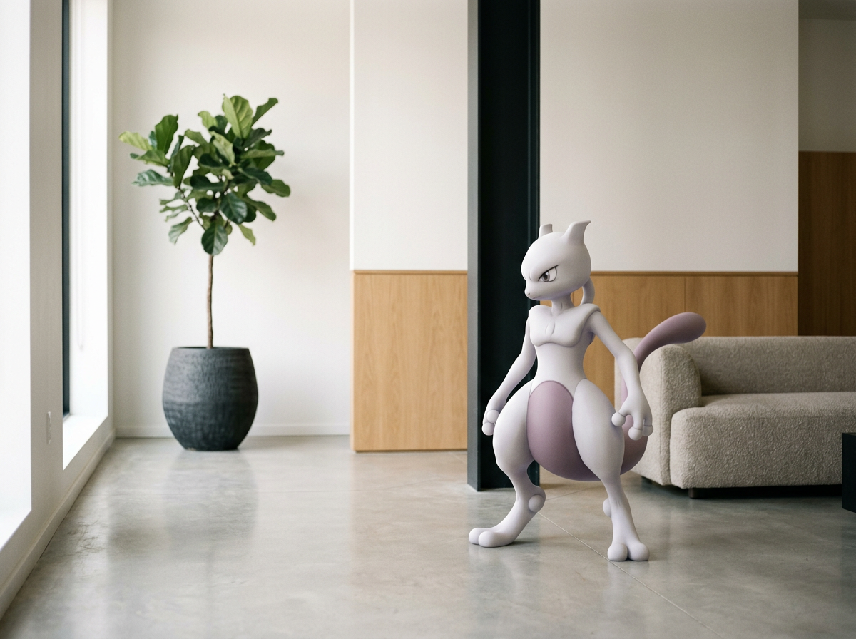 A Pokémon character, Mewtwo, superimposed into a modern living room with a potted plant, sofa, and wooden paneling.
