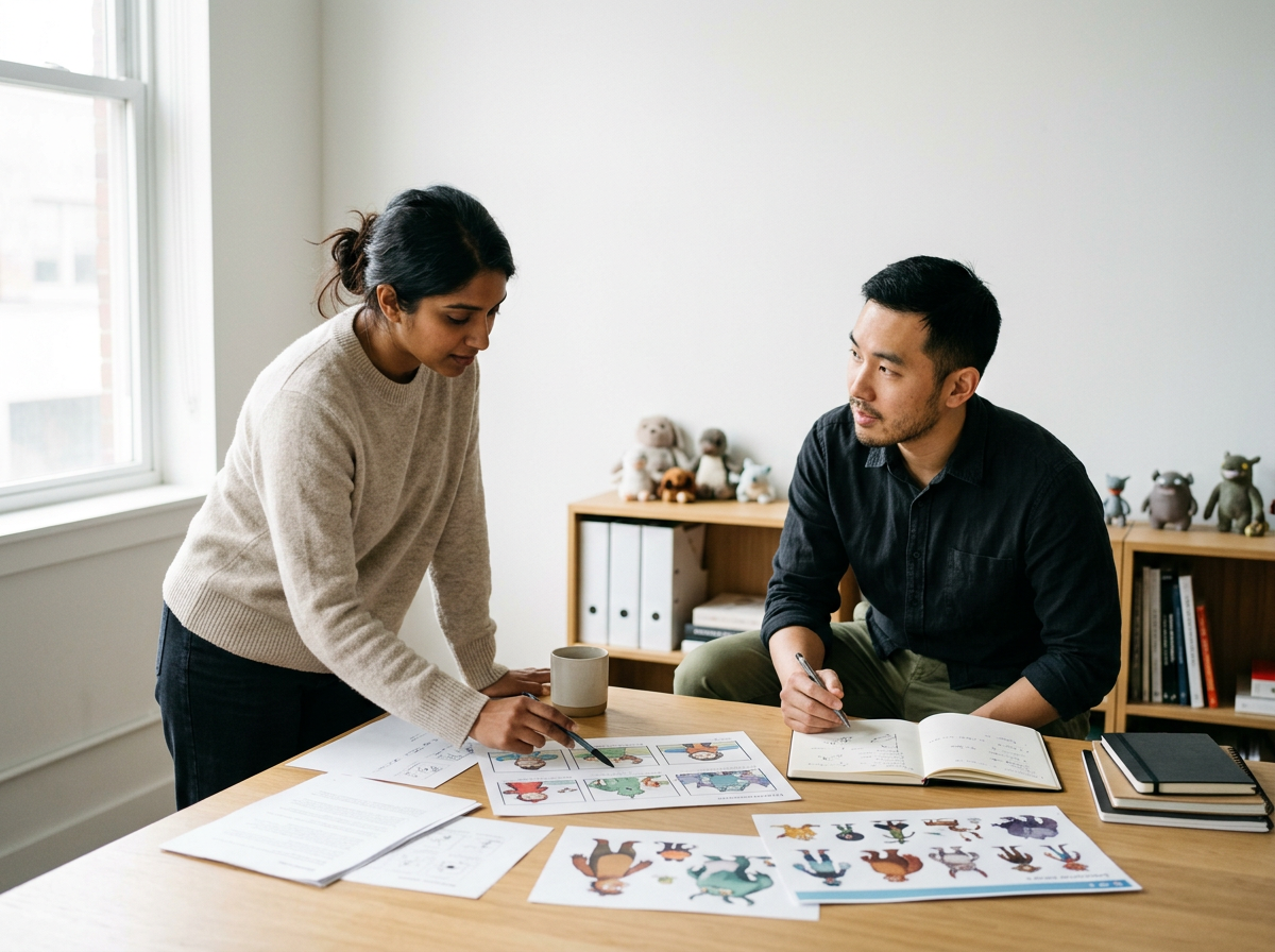 A man and a woman collaborating at a desk with papers, notebooks, and character illustrations, in an office with bookshelves and toys in the background.