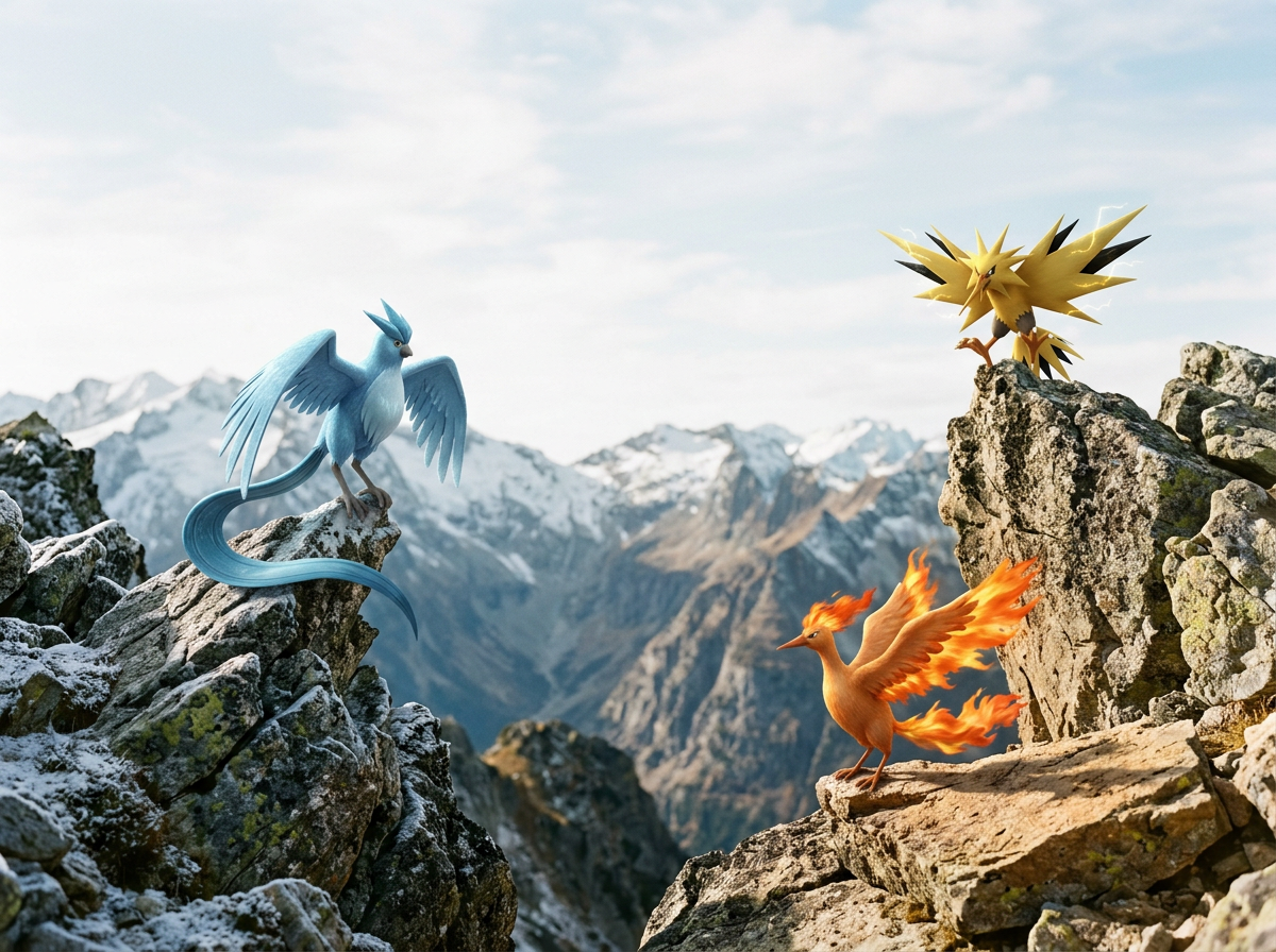 Three legendary Pokémon, Articuno, Zapdos, and Moltres, on rocky mountain peaks against a snowy mountain range and cloudy sky background.