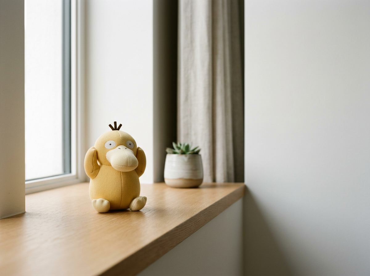 A plush toy resembling a cartoon monkey with a light brown body, large white eyes, a protruding nose, and ears, sitting on a wooden windowsill next to a small potted plant and beige curtains.