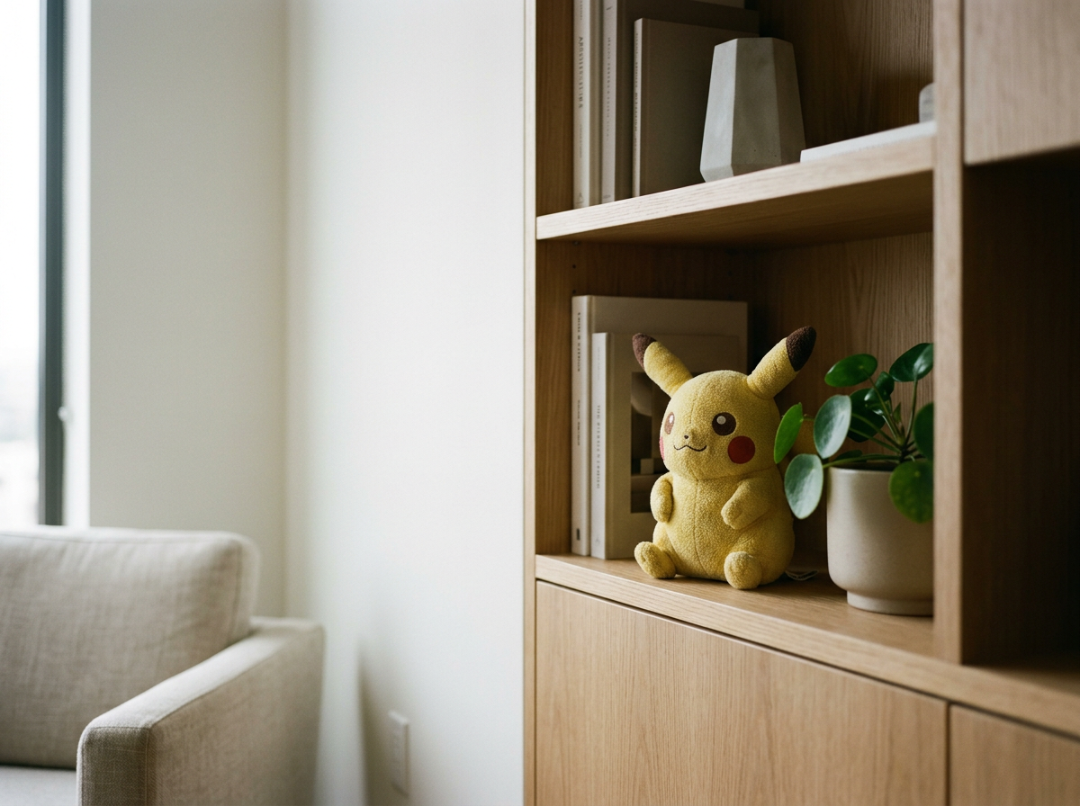 A yellow Pikachu plush toy sitting on a wooden bookshelf next to a small plant in a white pot and some books.