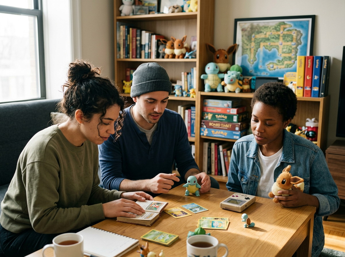 Three people playing a Pokémon card game at a table in a room filled with Pokémon plush toys and books.