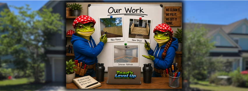 Two frogs in blue hoodies and red polka dot hats pointing at a work board with photos of new fencing, steps, and an interior refresh, in a house workshop. The board has a sign labeled 'Our Work' and related motivational signs, tools, and plants on the desk.