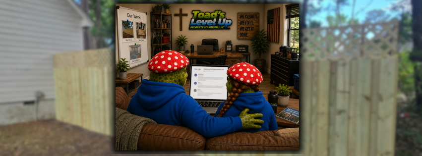 Two people wearing red polka-dot hats and blue hoodies sitting on a brown couch, looking at a laptop in a cozy office with a sign saying "Toad's Level Up."