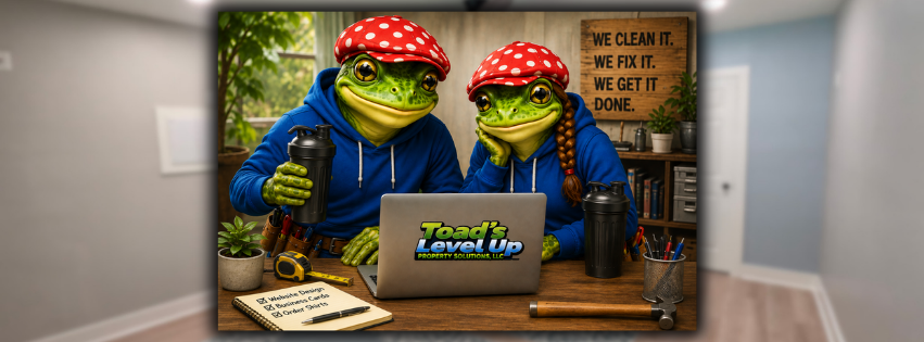 Two anthropomorphic frogs in blue hoodies and red polka-dotted bandanas working at a desk with a laptop, labeled "Toad's Level Up Property Solutions." They are in an office with a sign that reads "We clean it, we fix it, we get it done." and various tools and plants on the desk.